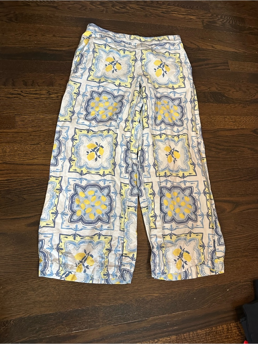 LOFT Women's Wide-Leg Lemon Printed Pants in White, Blue & Yellow